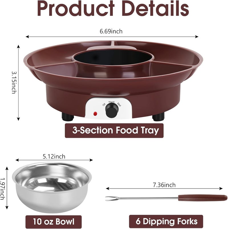 VAlinks Electric Chocolate Melting Pot Chocolate Fondue Pot Set 3-Section Serving Trays with 6pcs Dipping Forks Perfect for Housewarming Christmas Party Gifts (Brown) - Image 2